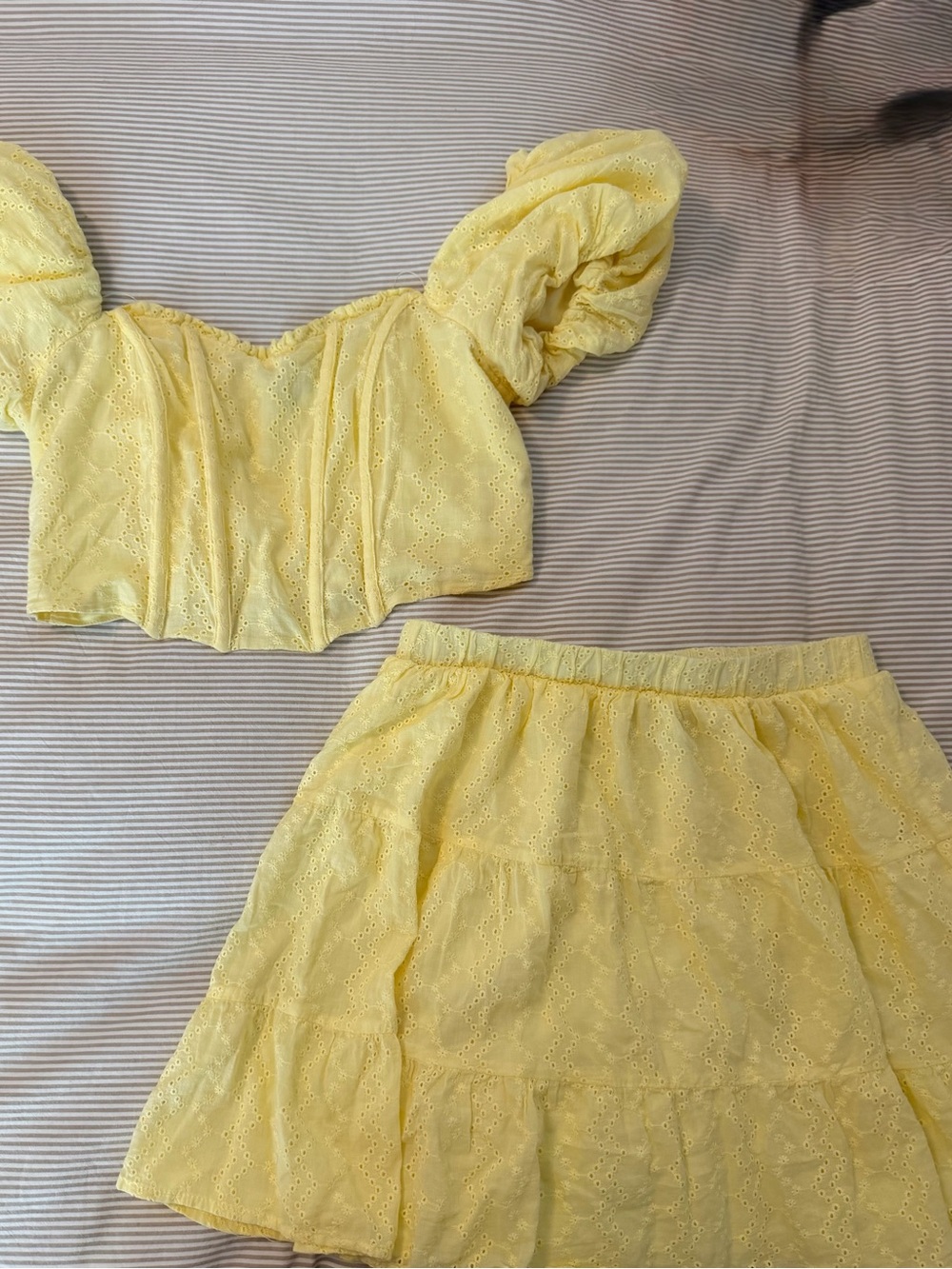 wild fable Yellow Eyelet Puff-Sleeve Top & Tiered Skirt Set